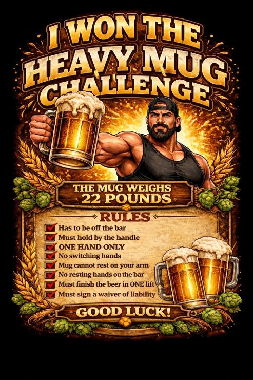Original Heavy Mug Challenge poster; older weight shown, current weight is 23.5 pounds