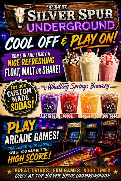Underground arcade shakes, floats and custom sodas promotional graphic